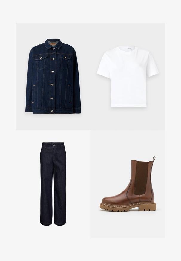 Donkerblauwe denimjas met kraag, voor sluiting met knopen, twee borstzakken, zijzakken en contrasterende stikseldetails.; Effen witte katoenen T-shirt met korte mouwen, ronde hals en rechte zoom, getoond op een witte achtergrond.; Donkerblauwe rechte spijkerbroek met knoop- en ritssluiting, riemlussen en zichtbare stiksel details.; Bruine leren enkelboot met elastische panelen en een trekomed. Kenmerkt zich door een robuuste rubberen zool en zichtbare stiksels langs de randen.