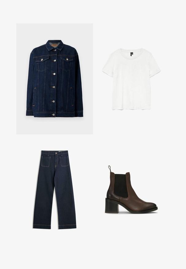 Donkerblauwe denimjas met kraag, voor sluiting met knopen, twee borstzakken, zijzakken en contrasterende stikseldetails.; Witte t-shirt met korte mouwen en een ronde hals, gemaakt van lichte stof. Eenvoudig ontwerp, gladde textuur en rechte zoom.; Donkerblauwe wijde jeans gemaakt van denim met contrasterende tan stiksels, twee achterzakken en een knoopsluiting bij de taille.; Bruine leren enkellaarsjes met elastische zijpanelen, een blokhak, een gladde textuur en een aantreklipje voor gemakkelijk aantrekken.