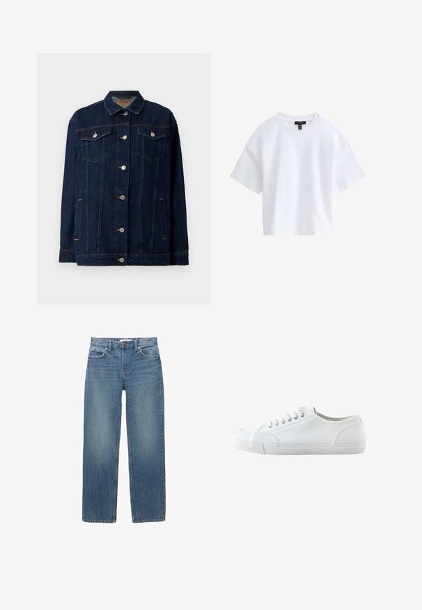 Veste en denim bleu foncé avec col, fermeture à boutons sur le devant, deux poches poitrine, poches latérales et détails de couture contrastants.; T-shirt court blanc uni à manches courtes avec un col rond et une étiquette de marque noire à l'intérieur du col.; Jeans en denim bleu clair à coupe droite, avec cinq poches et des éléments en métal de couleur cuivrée. Le tissu présente une légère décoloration et une texture douce.; Baskets basses blanches en toile avec lacets blancs et semelle en caoutchouc, vues de côté sur fond blanc.