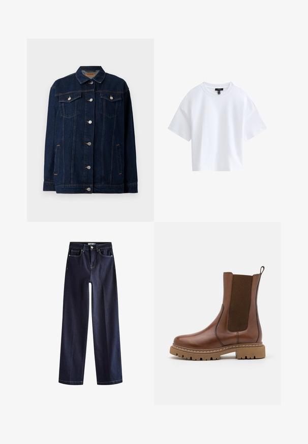 Mørkeblå denimjakke med krave, lynlås foran, to brystlommer, sidelommer og kontraststing.; Simpel hvid kortærmet crop top med rund halsudskæring og sort mærke indeni kraven.; Next Jeans Straight Leg - rinse blue; Brune læder ankelstøvle med elastiske paneler og en trækflap. Har en kraftig gummisål og synlige stikninger langs kanterne.