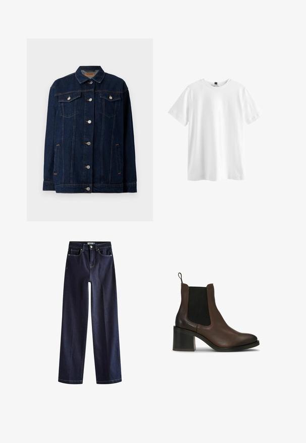 Mørkeblå denimjakke med krave, lynlås foran, to brystlommer, sidelommer og kontraststing.; Simpel hvid kortærmet t-shirt med rund hals og sort mærke indeni kraven, vist fladt på en hvid baggrund.; Next Jeans Straight Leg - rinse blue; Brune læderankelstøvler med elastiske sidepaneler, en blokhæl, glat tekstur og en trække-flap for nem påtagning.