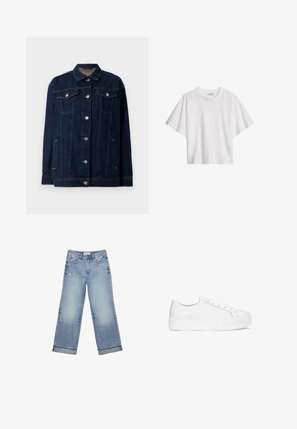 Veste en denim bleu foncé avec col, fermeture à boutons sur le devant, deux poches poitrine, poches latérales et détails de couture contrastants.; T-shirt blanc en coton, manches courtes, coupe ample, col rond et étiquette de marque à l'intérieur du col.; Jean en denim bleu clair avec un design à jambes larges, présentant un ourlet effiloché, un léger effet usé et un style classique à cinq poches.; Sneaker en cuir blanc avec une surface lisse, un bout rond et une semelle plate. Doté d'un système de fermeture à lacets et de détails de couture subtils.
