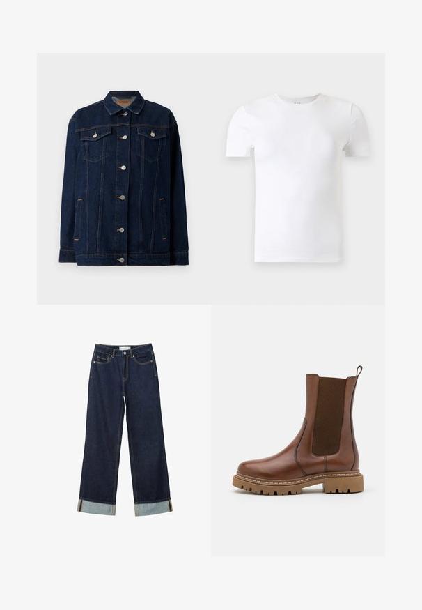 Mørkeblå denimjakke med krave, lynlås foran, to brystlommer, sidelommer og kontraststing.; Hvid kortærmet T-shirt med rund hals vist mod en lysegrå baggrund.; Mørkeblå vide jeans med højt talje, med opfoldede vamsser, kontrastsyning og fem-lommers design. Lavet af denim stof.; Brune læder ankelstøvle med elastiske paneler og en trækflap. Har en kraftig gummisål og synlige stikninger langs kanterne.