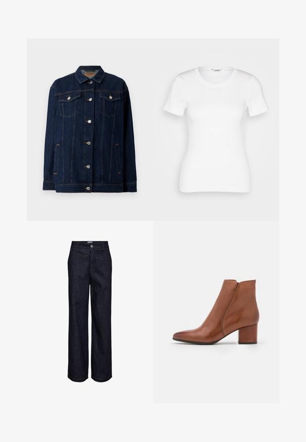 Veste en denim bleu foncé avec col, fermeture à boutons sur le devant, deux poches poitrine, poches latérales et détails de couture contrastants.; T-shirt en coton blanc avec des manches courtes, un col rond et une texture côtelée. Design ajusté avec une finition lisse et nette.; Jeans en denim bleu foncé à jambes droites avec fermeture par bouton et zip, passants pour ceinture, et détails de coutures visibles.; Bottillon en cuir marron avec un orteil pointu, un talon moyen et un minimum de coutures. Texture lisse avec une finition polie.