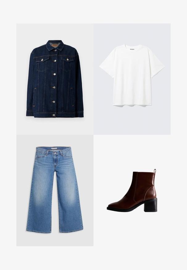 Mørkeblå denimjakke med krave, lynlås foran, to brystlommer, sidelommer og kontraststing.; Hvid T-shirt med korte ærmer og rund halsudskæring med en afslappet pasform og et "WEEKDAY" mærke på indersiden af nakken bagtil.; Lysblå vidde jeans lavet af denim, med høj talje, klassisk fem-lomme design og subtile falmning langs benene.; Brun læder ankelstøvle med firkantet tå og sidesøm, en 7,5 cm stablet hæl og en trækflap bagpå for nem påtagning.