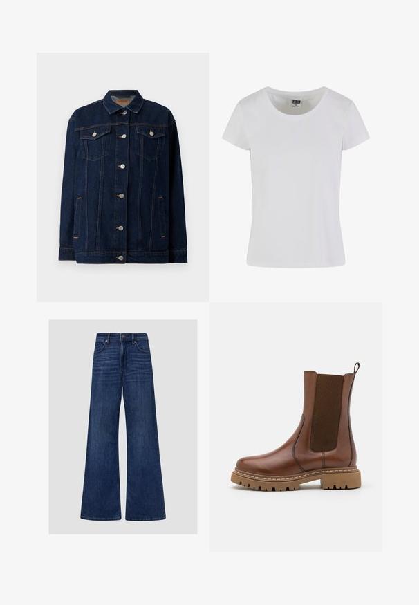 Veste en denim bleu foncé avec col, fermeture à boutons sur le devant, deux poches poitrine, poches latérales et détails de couture contrastants.; T-shirt blanc à manches courtes en coton. Il présente une encolure arrondie et une coupe cintrée. L'étiquette indique "URBAN CLASSICS".; Jean en denim bleu foncé à jambes larges avec poches avant et arrière, passants de ceinture et fermeture par bouton et zip.; Bottine en cuir marron avec des panneaux élastiques et une languette de tirage. Elle possède une semelle en caoutchouc épaisse et des détails de couture visibles le long des bords.