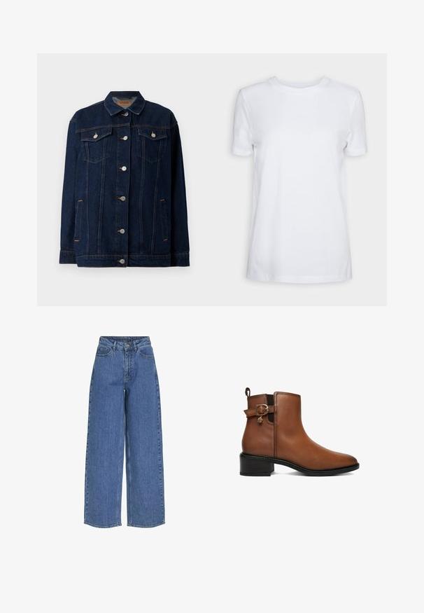 Donkerblauwe denimjas met kraag, voor sluiting met knopen, twee borstzakken, zijzakken en contrasterende stikseldetails.; Effen wit T-shirt met korte mouwen en ronde hals, normale pasvorm en een klein label aan de binnenkant van de hals met de tekst "SELECTED FEMME."; Wijde blauwe jeans met een hoge taille, gemaakt van denim stof. Voorzien van voorzakken en een knoopsluiting. Klassiek casual ontwerp.; Bruine leren enkellaarzen met lage zwarte hak, zijgespsluiting, elastisch paneel en aantreklus op een witte achtergrond.