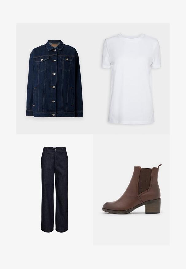 Mørkeblå denimjakke med krave, lynlås foran, to brystlommer, sidelommer og kontraststing.; Simpel hvid T-shirt med korte ærmer og rund hals, normal pasform og et lille indvendigt mærke på nakken med teksten "SELECTED FEMME."; Mørkeblå denimjeans med lige ben, knap- og lynlåslukning, bæltestropper og synlige syningsdetaljer.; Brun læder ankelstøvle med en glat finish, elastiske sidepaneler, en rund tå og en moderat træhæl.