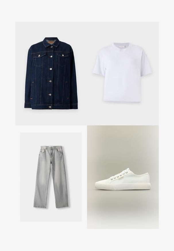 Mørkeblå denimjakke med krave, lynlås foran, to brystlommer, sidelommer og kontraststing.; Hvid bomulds t-shirt med en afslappet pasform, korte ærmer, rund hals og ingen synlige mønstre eller udsmykninger. Glat struktur.; Lys grå denim jeans med lige pasform, der har to frontlommer, en knappelukning og diskrete slidser for tekstur.; Hvid lavtopet lærreds-sneaker med tekstureret gummisål, hvide snørebånd og lille Calvin Klein-mærke på siden.