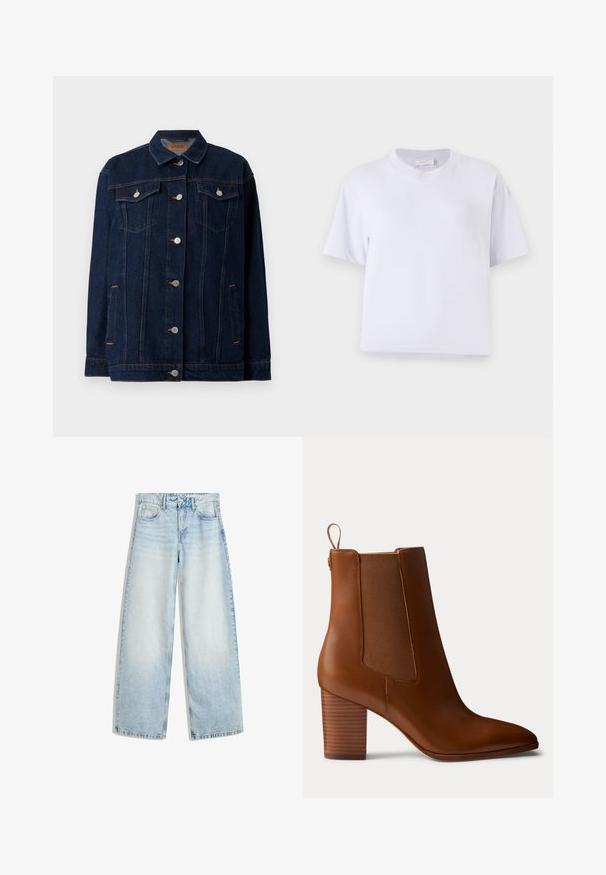 Mørkeblå denimjakke med krave, lynlås foran, to brystlommer, sidelommer og kontraststing.; Hvid bomulds t-shirt med en afslappet pasform, korte ærmer, rund hals og ingen synlige mønstre eller udsmykninger. Glat struktur.; Lyseblå denim bukser med vid ben, høj talje, fem lommer, knaplukning og en falmet finish. Har lige, løse ben.; Brun læderstøvle med blokhæl, elastiske sidepaneler og trækstrop på bagsiden, vist i profil på en ensfarvet baggrund.