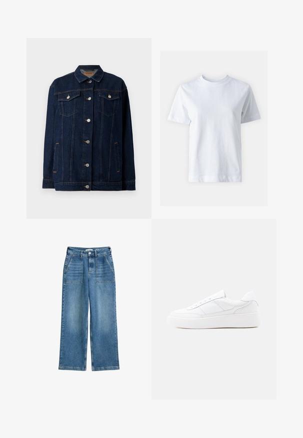 Mørkeblå denimjakke med krave, lynlås foran, to brystlommer, sidelommer og kontraststing.; Hvid bomulds t-shirt med rund halsudskæring, korte ærmer, lige snit og glat tekstur. Ingen mønstre eller dekorationer.; Højhalsede, brede bukser i blå denim med frontlommer, bæltestropper og lukning med frontknap og lynlås.; Hvid lavtop-sneaker med tyk sål, snørelukning og diskrete syningsdetaljer på en ensfarvet lys baggrund.