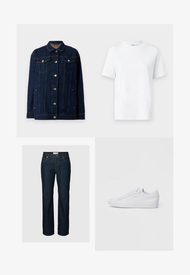 Mørkeblå denimjakke med krave, lynlås foran, to brystlommer, sidelommer og kontraststing.; Hvid bomulds T-shirt med rund hals, kortærmet og en glat tekstur. Designet med en afslappet pasform for komfort og alsidighed.; Mørkeblå straight-leg jeans med fem lommer, knaplukning og kontrastsyning, vist på en ensfarvet baggrund.; Hvide low-top Puma sneakers med snørebånd front, diskret branding på siden og sålen, samt en glat syntetisk overdel til hverdag.