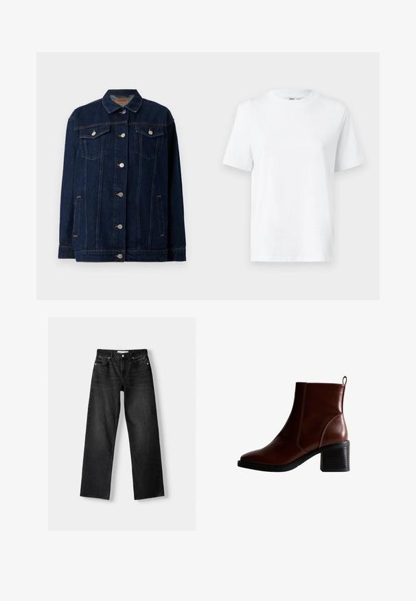 Mørkeblå denimjakke med krave, lynlås foran, to brystlommer, sidelommer og kontraststing.; Hvid bomulds T-shirt med rund hals, kortærmet og en glat tekstur. Designet med en afslappet pasform for komfort og alsidighed.; Bershka Jeans Straight Leg - mottled dark grey; Brun læder ankelstøvle med firkantet tå og sidesøm, en 7,5 cm stablet hæl og en trækflap bagpå for nem påtagning.