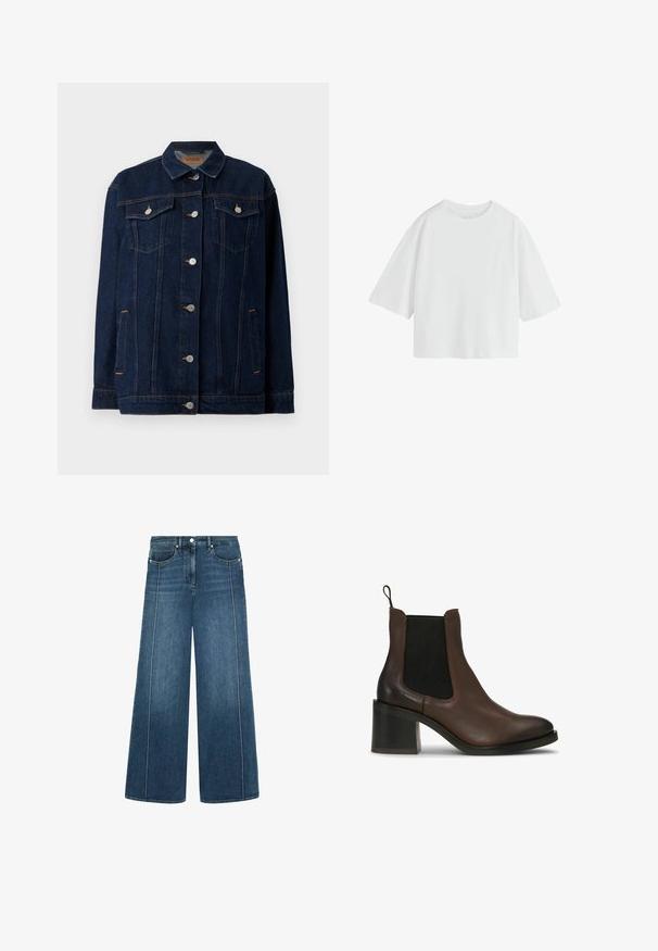 Chaqueta de mezclilla azul oscura con cuello, cierre de botones en la parte delantera, dos bolsillos en el pecho, bolsillos laterales y detalles de costura en contraste.; Camiseta blanca lisa de manga corta oversize con cuello redondo y ajuste holgado.; Jeans de pierna ancha en denim azul oscuro con costuras blancas en contraste, diseño de cinco bolsillos y cierre de botón en la cintura.; Botines de cuero marrón con paneles elásticos en los lados, un tacón bloque, textura suave y una lengüeta para facilitar su uso.
