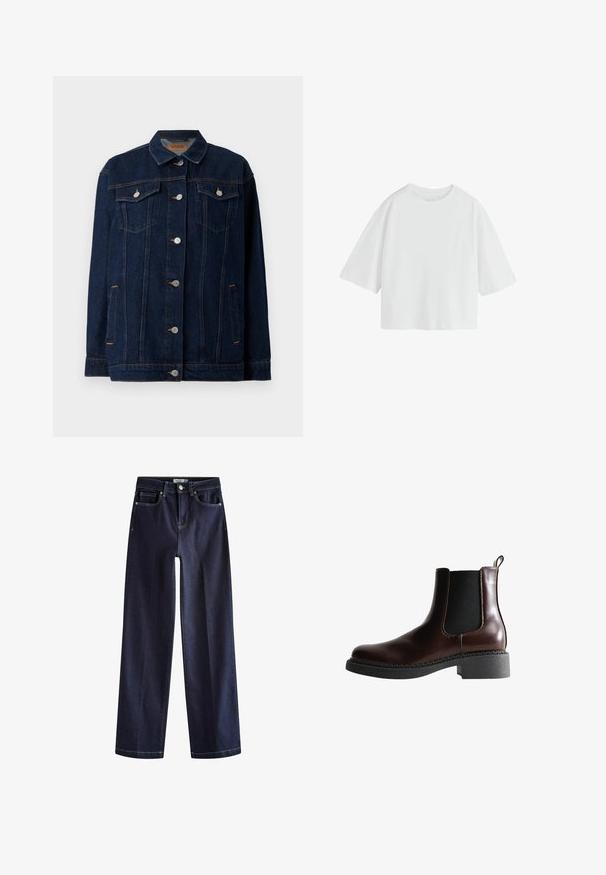 Mørkeblå denimjakke med krave, lynlås foran, to brystlommer, sidelommer og kontraststing.; Simpel hvid oversized T-shirt med korte ærmer, rund hals og løs pasform.; Next Jeans Straight Leg - rinse blue; Brune læder ankelstøvle med elastiske sidepaneler, rund tå og en struktureret sort gummisål. Har kontrasterende syninger og en trækflap.
