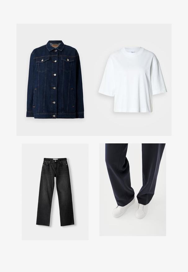 Veste en denim bleu foncé avec col, fermeture à boutons sur le devant, deux poches poitrine, poches latérales et détails de couture contrastants.; T-shirt blanc court à manches courtes, col rond, en coton doux, avec un design simple et épuré.; Bershka Jean droit - mottled dark grey; Baskets blanches avec semelles en caoutchouc texturées et lacets plats, associées à un pantalon bleu marine foncé affichant un tissu fluide et ample et une coupe ajustée.