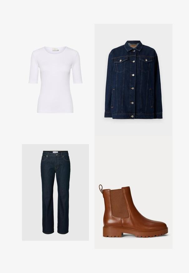 Veste en denim bleu foncé avec col, fermeture à boutons sur le devant, deux poches poitrine, poches latérales et détails de couture contrastants.; T-shirt blanc ajusté en tissu lisse, avec un col rond et des manches courtes, sans motifs ni accents visibles.; Jean droit en denim bleu foncé avec cinq poches, fermeture par boutons et surpiqûres contrastées, présenté sur un fond uni.; Bottine Chelsea en cuir marron avec panneau latéral élastique, languette au talon et semelle épaisse à crampons.
