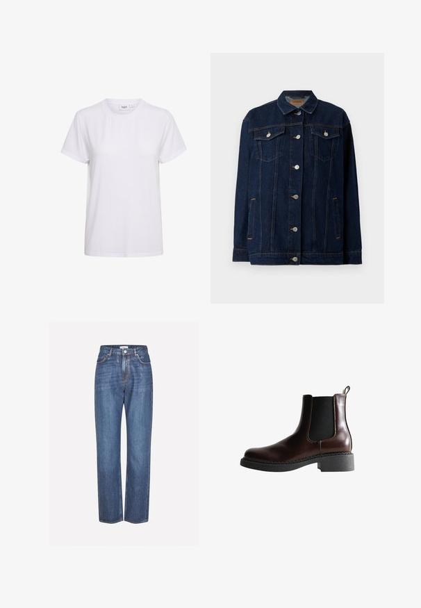 Donkerblauwe denimjas met kraag, voor sluiting met knopen, twee borstzakken, zijzakken en contrasterende stikseldetails.; Kortebloemige witte T-shirt gemaakt van zachte katoen. Heeft een ronde hals en een eenvoudig, naadloos ontwerp zonder versieringen of patronen.; Lichtblauwe denim jeans met een rechte pijpdesign, voorzien van een knopenfly, vijf zakken en subtiele vervaging op de stof.; Bruine leren enkelboot met elastische zijpanelen, ronde neus en een gestructureerde zwarte rubberen zool. Heeft contrasterende stiksels en een lusje aan de achterkant.