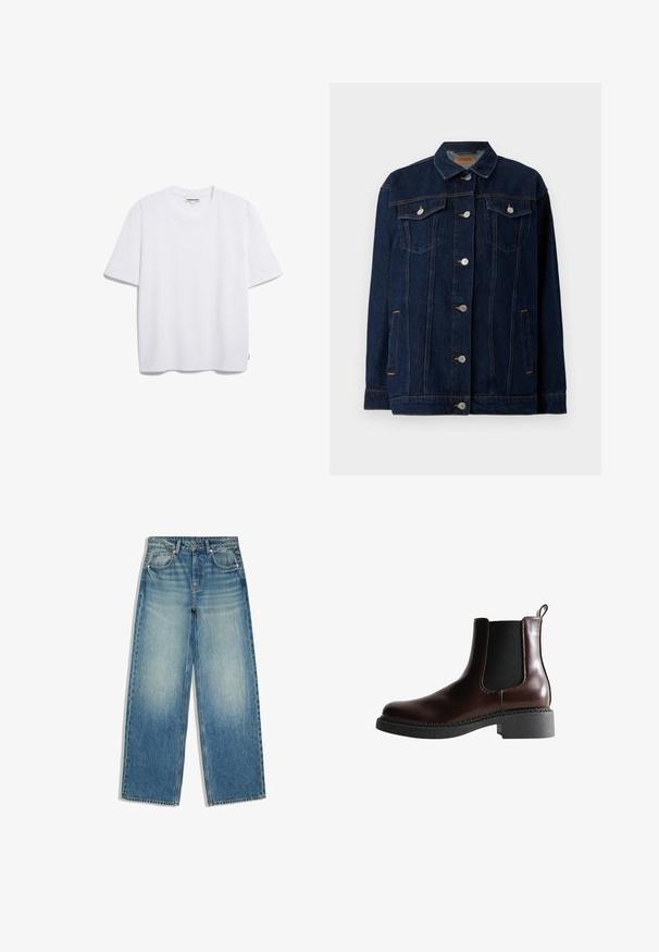 Mørkeblå denimjakke med krave, lynlås foran, to brystlommer, sidelommer og kontraststing.; Hvid bomulds t-shirt med korte ærmer, rund halsudskæring og en afslappet pasform. Ingen synlige mønstre eller logoer. Glat tekstur.; Blå jeans med vid ben, falmet front, fem-lomme design, bæltestropper og knaplukning.; Brune læder ankelstøvle med elastiske sidepaneler, rund tå og en struktureret sort gummisål. Har kontrasterende syninger og en trækflap.