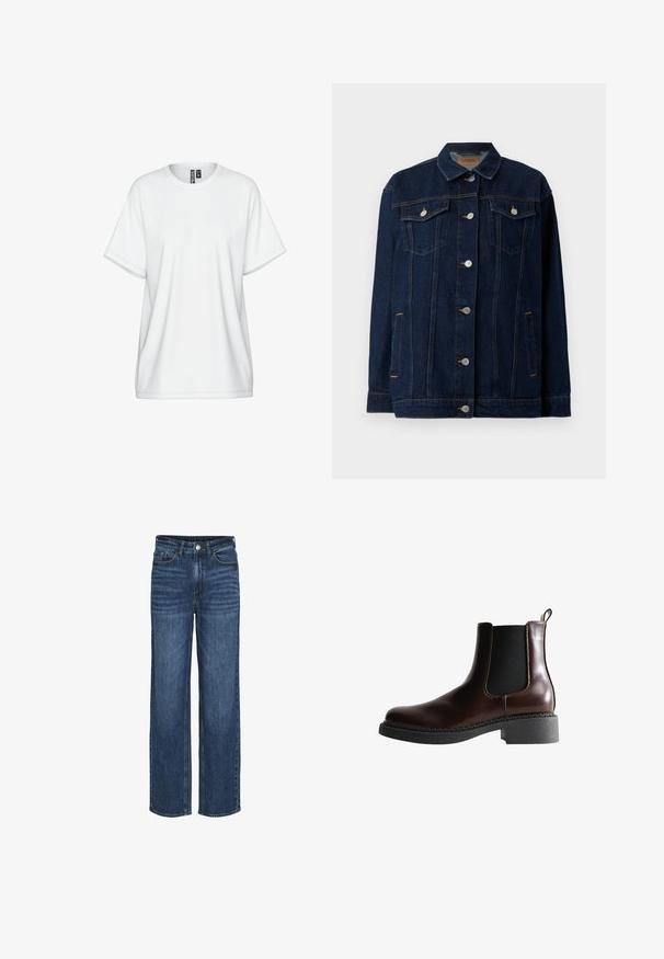 Donkerblauwe denimjas met kraag, voor sluiting met knopen, twee borstzakken, zijzakken en contrasterende stikseldetails.; Witte katoenen T-shirt met een ronde hals, korte mouwen en een losse pasvorm. Voorzien van subtiele stikdetails en een label bij de kraag.; VILA JAF HW- NOOS - Straight leg jeans - m blue denim; Bruine leren enkelboot met elastische zijpanelen, ronde neus en een gestructureerde zwarte rubberen zool. Heeft contrasterende stiksels en een lusje aan de achterkant.