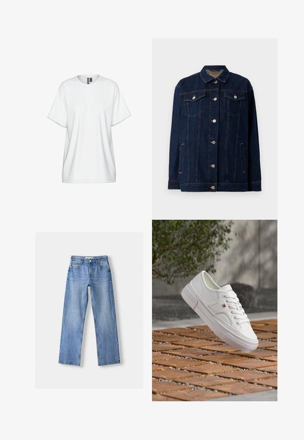 Veste en denim bleu foncé avec col, fermeture à boutons sur le devant, deux poches poitrine, poches latérales et détails de couture contrastants.; T-shirt en coton blanc avec un col rond, des manches courtes et une coupe ample. Présente des détails de coutures discrètes et une étiquette au niveau du col.; Jean en denim bleu clair avec une coupe droite, comportant cinq poches, une fermeture à bouton sur le devant, et un léger délavage pour ajouter de la texture.; Baskets en cuir blanc avec des lacets et un petit logo rouge, blanc et bleu, flottant au-dessus d'une surface extérieure en bois et galets à motif.