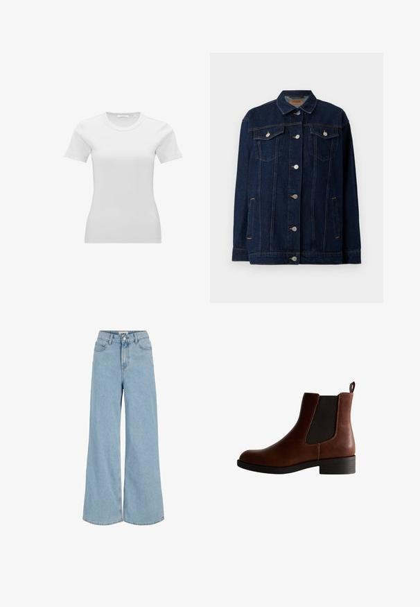 Donkerblauwe denimjas met kraag, voor sluiting met knopen, twee borstzakken, zijzakken en contrasterende stikseldetails.; Witte nauwsluitende dames T-shirt met korte mouwen, geribbeld en met een ronde hals en een klein maatlabel aan de binnenzijde van de kraag.; Lichtblauwe denim jeans met wijde pijpen, voor knoop- en ritssluiting, riemlussen en voorzakken.; Bruine leren enkelboot met elastische zijkanten, ronde neus en een lage blokhak. Kenmerkt zich door contrasterende stiksels en een trekband.