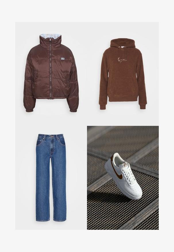 Doudoune brune avec un design court, un col montant, une fermeture éclair à l'avant et des poignets élastiques. L'intérieur présente une doublure bleu clair avec un motif géométrique.; Sweatshirt à capuche marron en tissu texturé, doté d'une poche frontale et de cordons de serrage. Logo brodé dans une couleur plus claire.; Levi's® 94 BAGGY SILVERTAB - Jean boyfriend - i'm never wrong stone; Baskets en cuir blanc avec perforations, logo Nike marron et lacets. Dispose d'une semelle texturée et d'un col rembourré.
