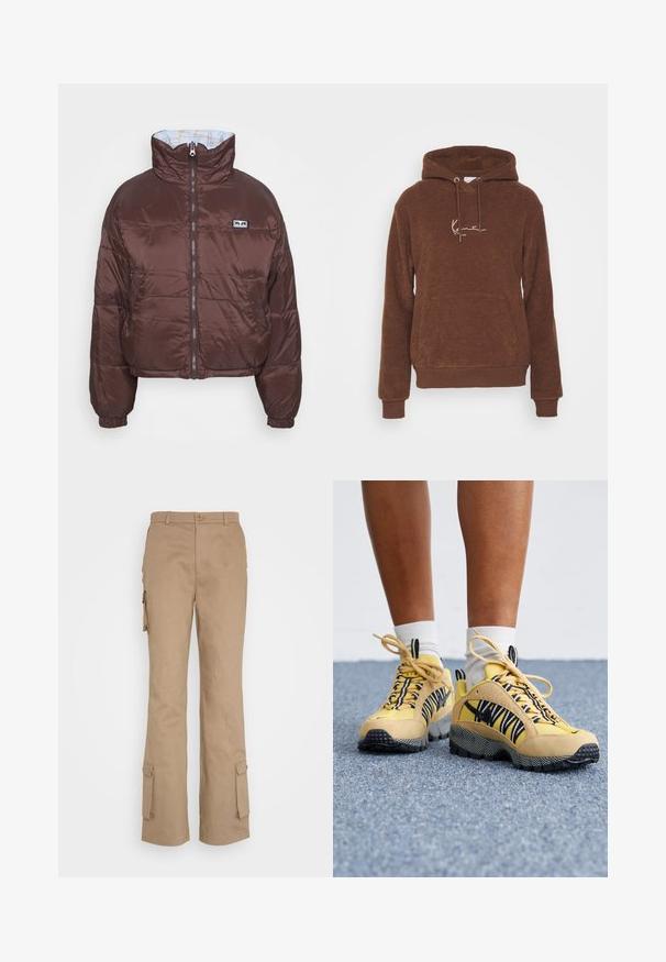 Braune Pufferjacke mit cropped Design, hohem Kragen, Reißverschluss vorne und elastischen Bündchen. Die Innenseite verfügt über ein hellblaues Futter mit geometrischem Muster.; Brauner Kapuzenpullover aus strukturiertem Stoff, mit einer Vordertasche und Zugbändern. Besticktes Logo in hellerer Farbe.; Nicki Studios STRAIGHT POCKET PANTS - Cargohose - kahve; Gelbe Wildleder- und Mesh-Sneaker mit schwarz-weißen gestreiften Akzenten, strukturierten Sohlen und Schnürdesign. Weiße Socken, die über dem Knöchel sichtbar sind.