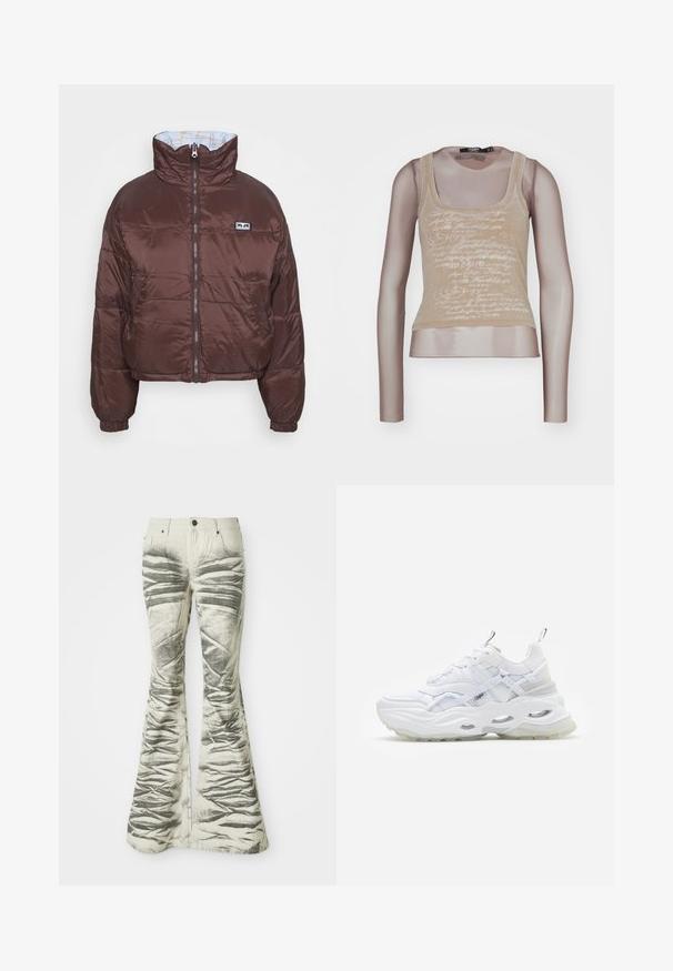 Hnedá nafúknutá bunda s cropped dizajnom, vysokým golierom, zipsom vpredu a elastickými manžetami. Interiér má svetlomodré podšívku s geometrickým vzorom.; Bežové tielko skombinované s dlhými sieťovanými rukávmi; má biele písané logo na prednej strane, okrúhly výstrih a priliehavý strih.; Svetlé rozšírené džínsy s textúrovanými čiernymi horizontálnymi pruhmi a vrásčitými detailmi, s prednými vreckami a kovovým zapínaním.; Biele tenisky s masívnou podrážkou, vrstveným sieťovinovým a syntetickým zvrškom, s vzorovanými akcentmi, systémom šnurovania a poutkom.