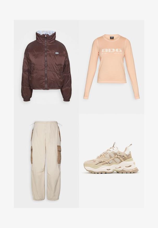 Brun pufferjakke med en cropped design, høj krave, lynlås foran og elastiske manchetter. Indvendigt har jakken en lyseblå foring med et geometrisk mønster.; Langærmet ferskenfarvet t-shirt lavet af blødt stof, med en hvid grafisk tryk "BIDG EST. 1998 BUILT TO LAST" på forsiden og kontrastsyninger.; BDG Urban Outfitters CONTRAST - Cargobukser - beige; Beige og hvide chunky sneakers med tyk sål, mesh- og læderpaneler, ovale udskæringer i mellemsålen, trækstropper på tunge og hæl.