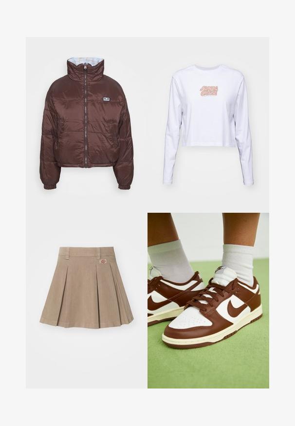 Hnedá nafúknutá bunda s cropped dizajnom, vysokým golierom, zipsom vpredu a elastickými manžetami. Interiér má svetlomodré podšívku s geometrickým vzorom.; Biela dlhá rukávová cropped tričko vyrobené z bavlny, s multicolorovým logom "SANTA CRUZ" potlačeným na prsiach.; Béžová plisovaná sukňa vyrobená z texturovanej tkaniny. Má pás s pútkami na opasok a logo nášivku na prednej ľavej strane.; Hnedé a biele kožené tenisky s perforovanou špičkou, textúrovanými akcentmi a plochými šnúrkami. Model má nízkoprofilový dizajn a gumovú podrážku.