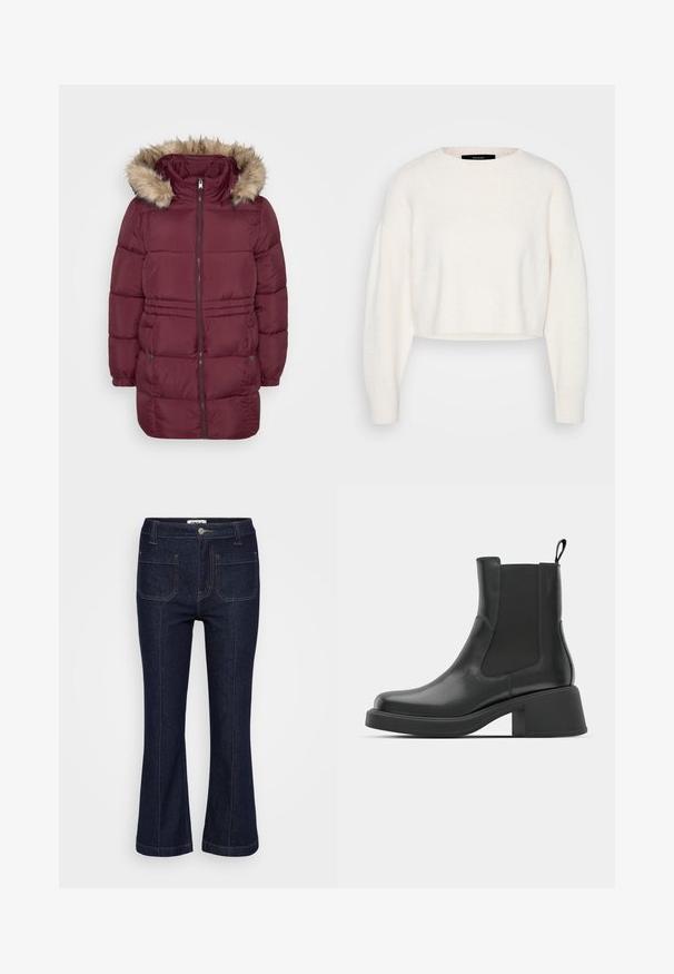 Bordeauxrood gewatteerde winterjas met rits aan de voorkant, elastische manchetten, twee drukknoopzakken en een kap afgewerkt met lichtbruine nepbont.; Witte cropped sweater gemaakt van zacht materiaal, met een ronde halslijn en lange, licht oversized mouwen met ribgebreide manchetten.; Donkerblauwe denim jeans met voorzakken, contrasterende stiksels, riemlussen, knoopsluiting en licht uitlopende pijpen.; Zwarte leren enkellaarsjes met elastische zijpanelen, ronde neus en een stevige blokhak. Gladde textuur met een minimalistisch ontwerp.