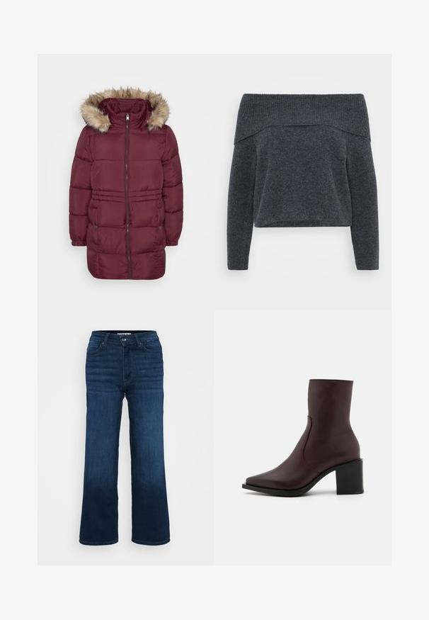 Bordeaux polstret vinterjakke med frontlynlås, elastiske manchetter, to trykknaplommer og hætte kantet med lyst brunt kunstpels.; Off-the-shoulder mørkegrå sweater med ribbet halsudskæring og lange ærmer. Blød tekstur og løs pasform, designet til et afslappet look.; ONLY Petite ONLMADISON BLUSH WIDE - Wide leg - dark blue denim; Zign LEATHER - Støvletter - bordeaux