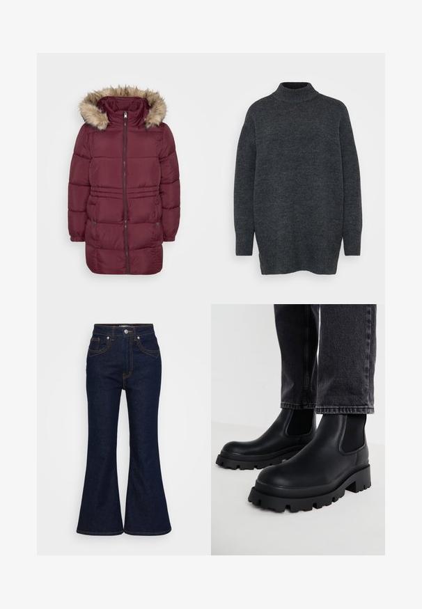 Tumepruunist pehmest talvejope, millel on ees lukk, elastsed mansetid, kaks nööbiga taskut ja kapuuts, mille ääres on helepruun sünteetiline karv.; Üks suur turtleneck sviiter tumehallist kiust. Omab soonikuid mansette ja alläänt, pehmet tekstuuri ning külgslõikeid allääres, et tagada mugav sobivus.; Tumedatest sinistest kõrge vöökohaga teksad koos laienevate jalgadega, eesnupu ja tõmbluku sulgemine ning kontrastne oranž peitel.; Musta pahkluu saapad paksu tallaga, tehtud siledast nahast, millel on elastsed külgpaneelid ja plokk-konts, koos tumedate teksapükstega.