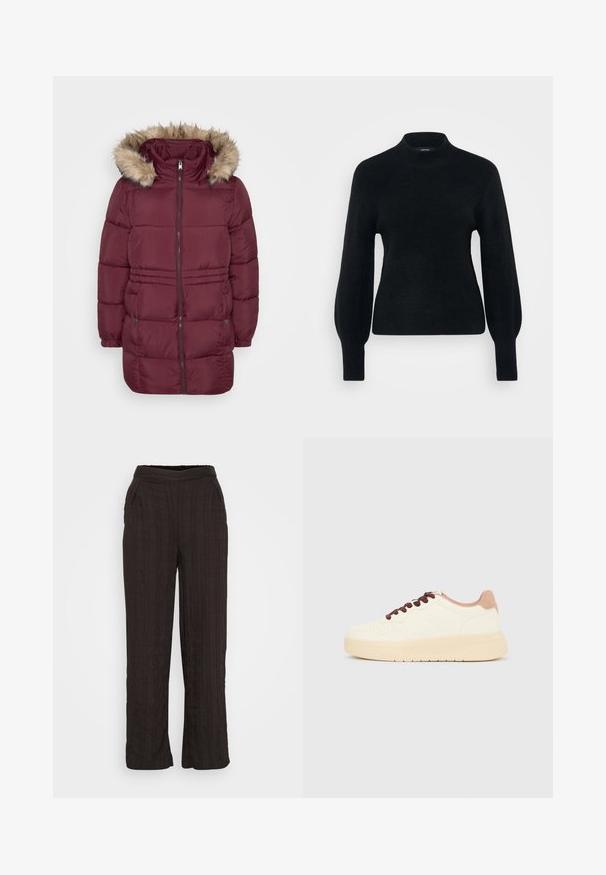 Manteau d'hiver matelassé bordeaux avec fermeture éclair sur le devant, poignets élastiques, deux poches à pression et capuche bordée de fausse fourrure brun clair.; Vero Moda Petite VMPIPPA HIGHNECK - Pullover - black; Pantalons larges noirs en tissu texturé avec un design plissé. Dotés d'une ceinture élastique et de poches latérales.; Baskets basses beiges avec semelle épaisse, bout perforé, col de talon rose et lacets brun foncé sur un fond gris clair uni.