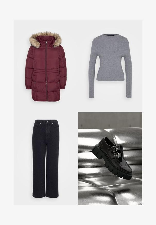 Abrigo de invierno acolchado en color burdeos con cremallera frontal, puños elásticos, dos bolsillos con presión y capucha adornada con pelo sintético de color marrón claro.; Suéter gris de manga larga con cuello redondo y silueta ajustada, exhibido sobre un fondo blanco liso.; Pantalones de mezclilla negra de pierna ancha con una cintura alta, que presentan acentos decorativos de tachuelas en todo su diseño y una textura suave.; Zapato negro con suela gruesa y doble hebilla plateada flotando sobre una superficie acolchada plateada metálica y brillante.