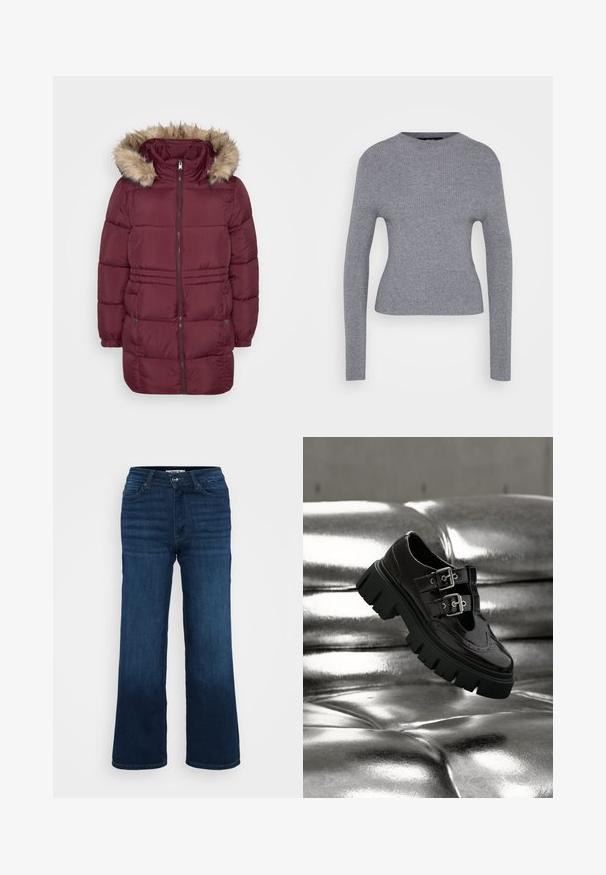 Abrigo de invierno acolchado en color burdeos con cremallera frontal, puños elásticos, dos bolsillos con presión y capucha adornada con pelo sintético de color marrón claro.; Suéter gris de manga larga con cuello redondo y silueta ajustada, exhibido sobre un fondo blanco liso.; ONLY Petite ONLMADISON BLUSH WIDE - Pernera ancha - dark blue denim; Zapato negro con suela gruesa y doble hebilla plateada flotando sobre una superficie acolchada plateada metálica y brillante.