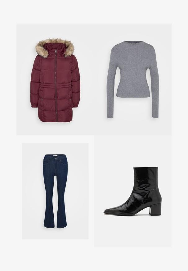 Abrigo de invierno acolchado en color burdeos con cremallera frontal, puños elásticos, dos bolsillos con presión y capucha adornada con pelo sintético de color marrón claro.; Suéter gris de manga larga con cuello redondo y silueta ajustada, exhibido sobre un fondo blanco liso.; Pantalones vaqueros acampanados de mezclilla azul oscura con un diseño clásico de cinco bolsillos, cierre de botón metálico y detalles de costura en los bolsillos.; Botín de charol negro hasta el tobillo con punta afilada, parte superior estructurada y tacón grueso. Presenta una textura lisa y brillante.