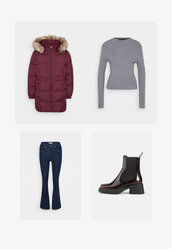 Abrigo de invierno acolchado en color burdeos con cremallera frontal, puños elásticos, dos bolsillos con presión y capucha adornada con pelo sintético de color marrón claro.; Suéter gris de manga larga con cuello redondo y silueta ajustada, exhibido sobre un fondo blanco liso.; Pantalones vaqueros acampanados de mezclilla azul oscura con un diseño clásico de cinco bolsillos, cierre de botón metálico y detalles de costura en los bolsillos.; Botas de tobillo de charol burdeos con paneles laterales elásticos, punta redonda y un tacón grueso negro. La superficie texturizada aporta profundidad.