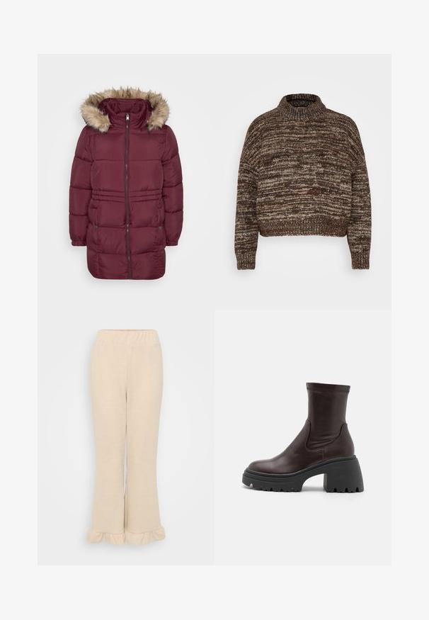 Manteau d'hiver matelassé bordeaux avec fermeture éclair sur le devant, poignets élastiques, deux poches à pression et capuche bordée de fausse fourrure brun clair.; Vero Moda Petite VMDAIMA - Pullover - chocolate torte/silver mink/gold; Pantalons tricotés côtelés de couleur crème avec une taille élastique et un ourlet évasé décoré de volants en bas. Texture lisse.; RAID ELSEA - Bottines à plateau - brown