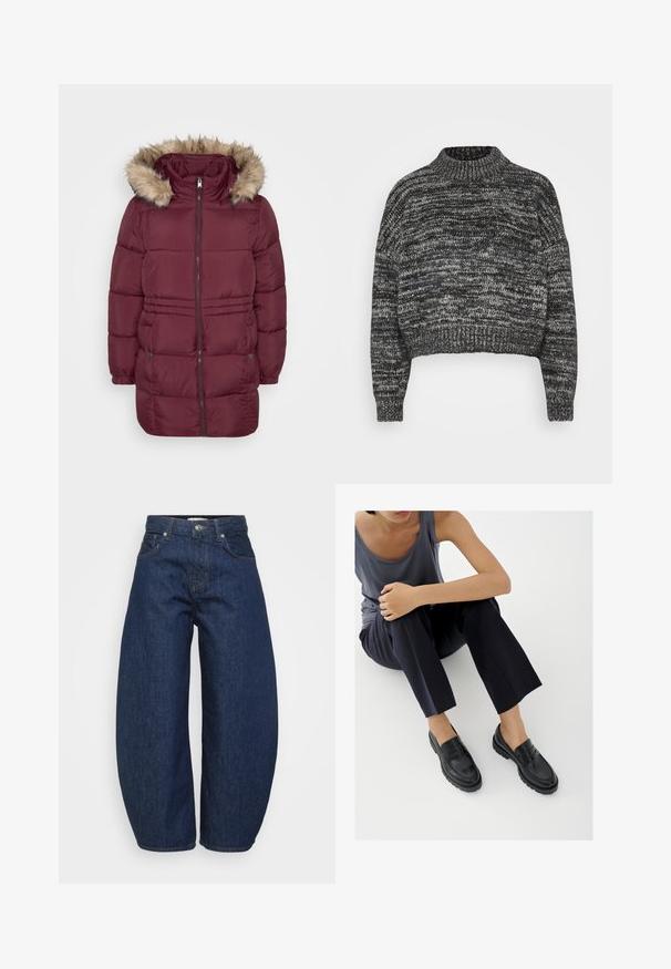 Bordeaux polstret vinterjakke med frontlynlås, elastiske manchetter, to trykknaplommer og hætte kantet med lyst brunt kunstpels.; Vero Moda Petite VMDAIMA - Striktrøje - black/birch/silver; Mørkeblå denimjeans med en bred, afslappet pasform. Har lynlås, fire lommer og kontrastsyet syning langs sømmene.; Sorte læderloafers med teksturerede detaljer, lav hæl, rund tå og synlige syninger. Modellen bærer mørke bukser og en grå top.