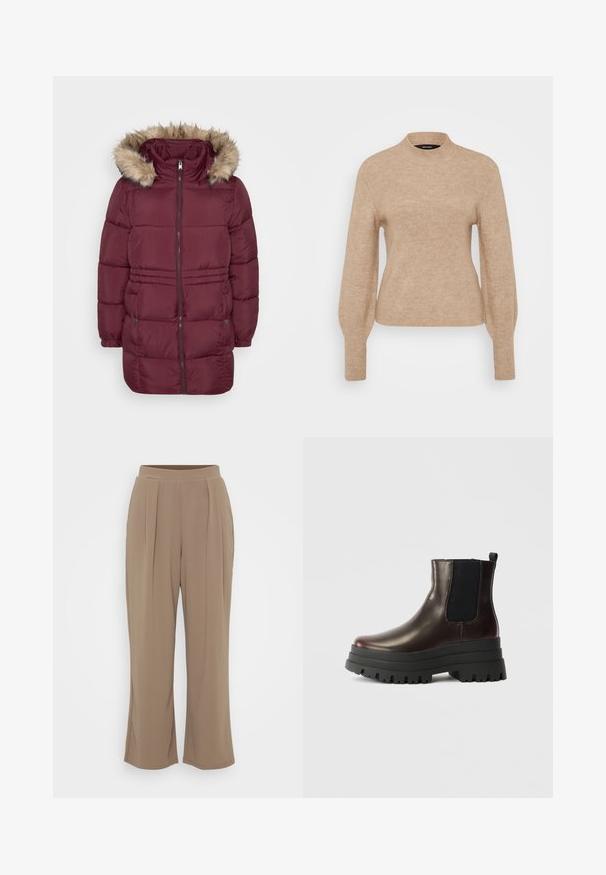 Bordeaux polstret vinterjakke med frontlynlås, elastiske manchetter, to trykknaplommer og hætte kantet med lyst brunt kunstpels.; Beige ribbet sweater med høj krave og lange ærmer, der har en blød tekstur og tætsiddende pasform. Stoffet ser let og varmt ud.; Brune, vide bukser lavet af blødt stof med frontfolder og elastisk talje for komfort. Rent, minimalistisk design.; Brun læder ankelstøvle med elastiske sidepaneler, chunky sort platformssål og pull tab. Har en glat overflade og robust mønster.
