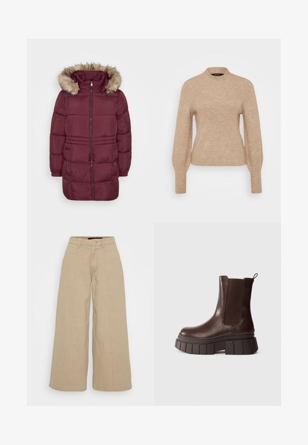 Manteau d'hiver matelassé bordeaux avec fermeture éclair sur le devant, poignets élastiques, deux poches à pression et capuche bordée de fausse fourrure brun clair.; Pull en maille beige avec un col haut et des manches longues, présentant une texture douce et une coupe ajustée. Le tissu semble léger et chaud.; Pantalons larges beige en mélange de coton, dotés de plis sur le devant, d'une fermeture à bouton et de deux poches latérales pour la fonctionnalité.; Bottines en cuir marron foncé avec une semelle épaisse et chunky et un panneau latéral en élastique, sur fond blanc uni.