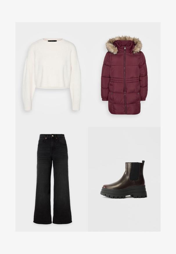 Manteau d'hiver matelassé bordeaux avec fermeture éclair sur le devant, poignets élastiques, deux poches à pression et capuche bordée de fausse fourrure brun clair.; Pull court blanc en matière douce, avec un col rond et des manches longues légèrement oversize, dotées de bords côtelés.; Jean noir taille haute à jambes larges avec poches avant et fermeture à bouton sur fond uni clair.; Bottine en cuir marron avec des panneaux élastiques sur les côtés, semelle plateforme noire épaisse et tirette. Présente une finition lisse et un motif de semelle robuste.