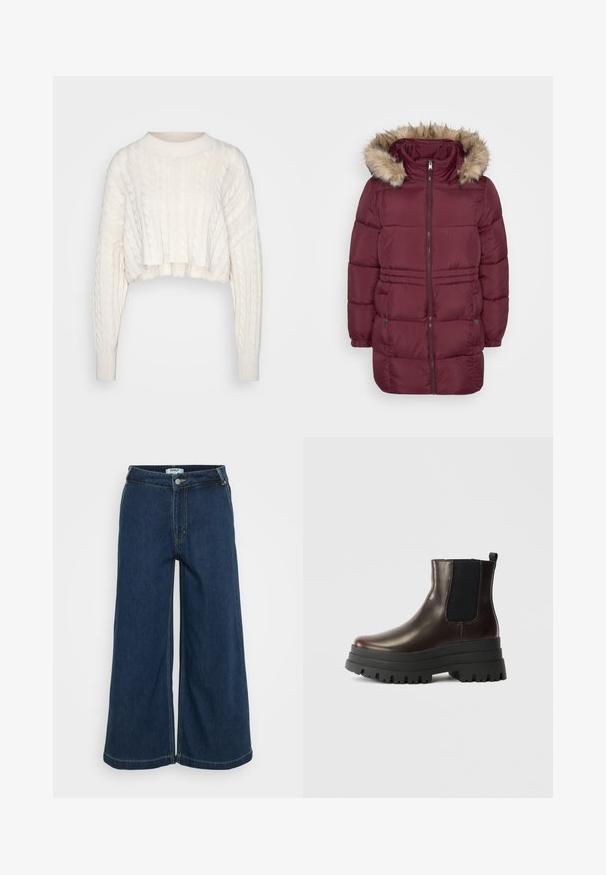 Manteau d'hiver matelassé bordeaux avec fermeture éclair sur le devant, poignets élastiques, deux poches à pression et capuche bordée de fausse fourrure brun clair.; Pull cropped en maille torsadée couleur ivoire, avec de longues manches et un col rond côtelé, présenté sur un fond uni.; Pantalons en denim taille large en bleu foncé. Dotés d'une fermeture à bouton, de cinq poches, de coutures légères et d'une texture lisse.; Bottine en cuir marron avec des panneaux élastiques sur les côtés, semelle plateforme noire épaisse et tirette. Présente une finition lisse et un motif de semelle robuste.
