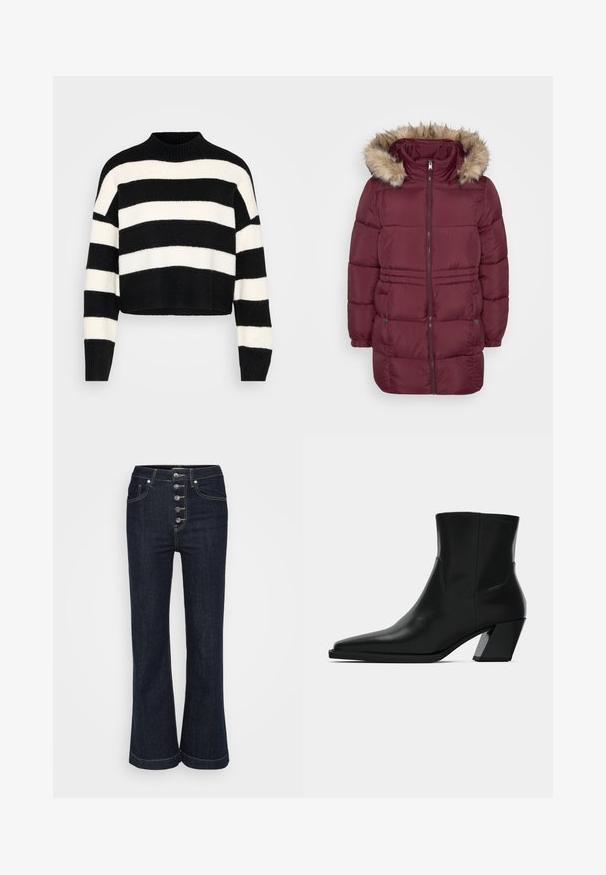 Manteau d'hiver matelassé bordeaux avec fermeture éclair sur le devant, poignets élastiques, deux poches à pression et capuche bordée de fausse fourrure brun clair.; Pull cropped à manches longues noir et blanc à rayures horizontales, avec un col montant côtelé et des poignets, présenté sur un fond clair.; Jean flare taille haute bleu marine avec cinq boutons argentés à l'avant et des coutures contrastantes autour des poches et des coutures.; Bottine en cuir noir avec un bout pointu, une silhouette élégante et un talon carré massif. Texture lisse avec des détails de couture minimalistes.