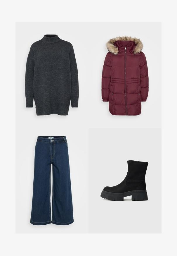 Manteau d'hiver matelassé bordeaux avec fermeture éclair sur le devant, poignets élastiques, deux poches à pression et capuche bordée de fausse fourrure brun clair.; Pull en maille oversize à col roulé de couleur gris foncé. Présente des poignets et un ourlet côtelés, une texture douce, et des fentes latérales à l'ourlet pour un ajustement décontracté.; Pantalons en denim taille large en bleu foncé. Dotés d'une fermeture à bouton, de cinq poches, de coutures légères et d'une texture lisse.; Bottine en daim noir avec une semelle en caoutchouc noire épaisse, un bout arrondi et un design minimaliste. Comprend des panneaux latéraux élastiques pour un enfilage facile.