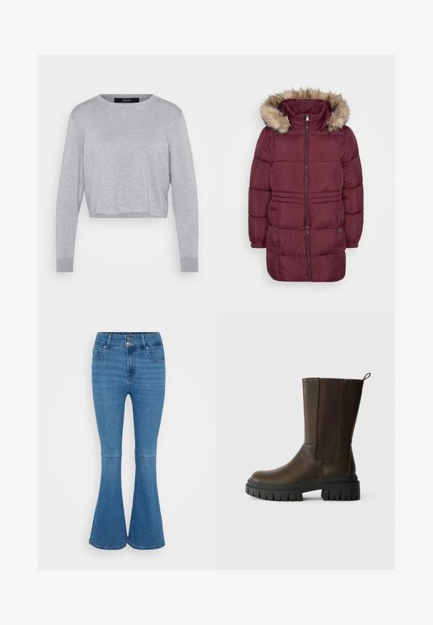 Bordeaux polstret vinterjakke med frontlynlås, elastiske manchetter, to trykknaplommer og hætte kantet med lyst brunt kunstpels.; Lys grå cropped sweater med rund hals, lange ærmer, ribbede manchetter og en blød, tekstureret finish.; Blå denim flared jeans med høj talje, der har dobbelte knaplukninger og to frontlommer. Glat tekstur, minimal falming.; Brune læder ankelstøvle med elastiske sidepaneler, chunky sort gummisål og en løkke for nem påtagning. Glat tekstur og moderne design.