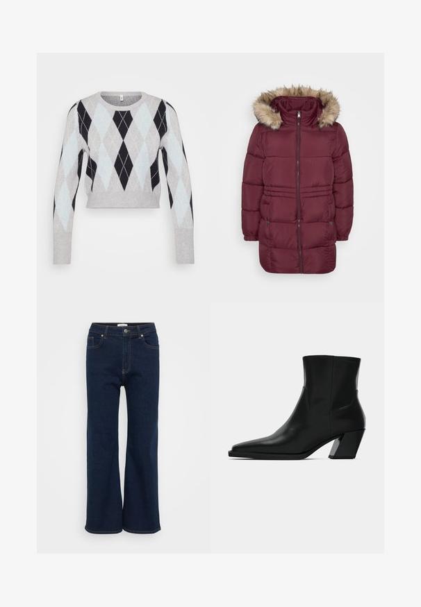 Manteau d'hiver matelassé bordeaux avec fermeture éclair sur le devant, poignets élastiques, deux poches à pression et capuche bordée de fausse fourrure brun clair.; Pull court gris clair avec un motif argyle noir et bleu clair. Présente des manches longues et un col rond classique. Texture douce.; Jean large en denim bleu foncé avec une fermeture à boutons et à glissière à l'avant, cinq poches et des coutures contrastées. Texture lisse.; Bottine en cuir noir avec un bout pointu, une silhouette élégante et un talon carré massif. Texture lisse avec des détails de couture minimalistes.