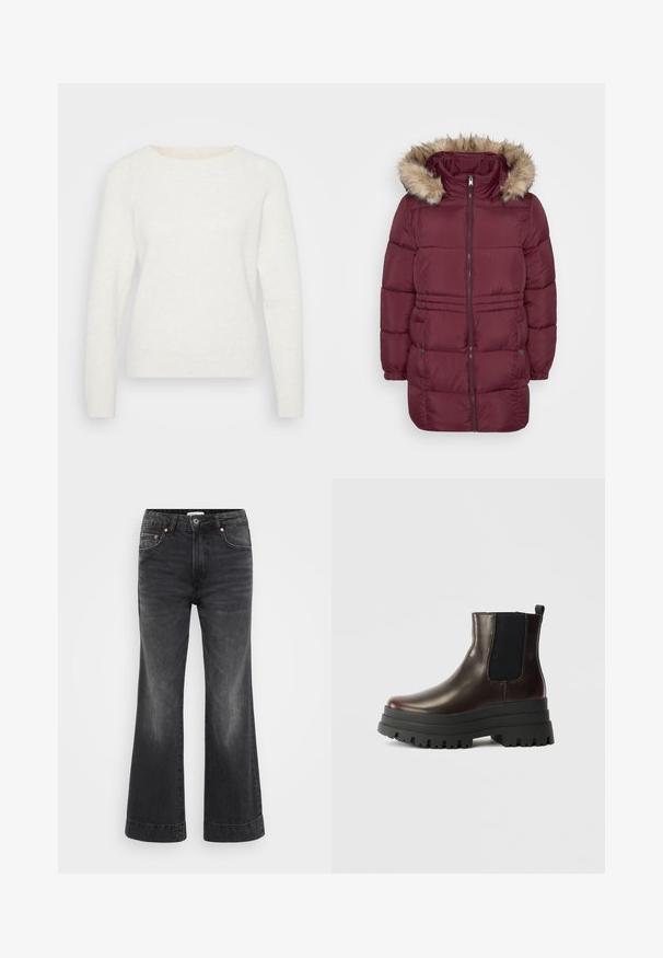 Abrigo de invierno acolchado en color burdeos con cremallera frontal, puños elásticos, dos bolsillos con presión y capucha adornada con pelo sintético de color marrón claro.; Suéter blanco de punto con mangas largas, escote redondo y bajo acanalado. Textura suave con una apariencia ligeramente difusa. Sin patrones visibles.; Pantalones vaqueros negros de pierna ancha con cintura alta, hechos de denim. Presentan bolsillos frontales, remaches de cobre y costuras visibles a lo largo de los dobladillos.; Botín de cuero marrón hasta el tobillo con paneles laterales elásticos, suela plataforma negra robusta y tirador. Presenta un acabado suave y una suela de goma con relieve.